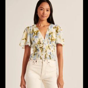Abercrombie & Fitch White Floral Smocked V-Neck Blouse
